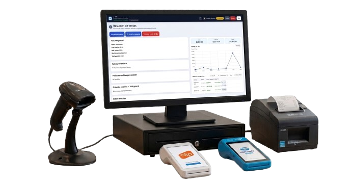 Equipo VentaCore POS: monitor con resumen de ventas, escáner de código de barras, cajón de dinero, impresora de tickets y terminales de cobro Clip y Mercado Pago